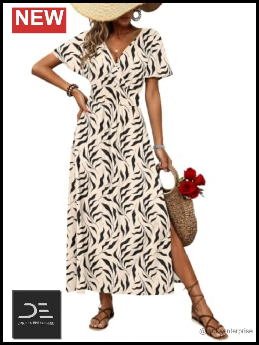 Floral V-Neck Maxi Dress with Pockets Boho Beach Vacation Summer